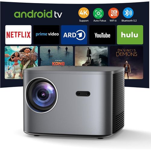 Netflix & Autofocus Vidéoprojecteur 4K Auto Keystone, Projecteur 4K Wifi6 Bluetooth 26000 Lumens 1080P Full Hd Avec Zoom 50%, Rétroprojecteur Avec Android Tv, Hdmi/Usb/Ethernet Pour Phone/Ps5/Ppt