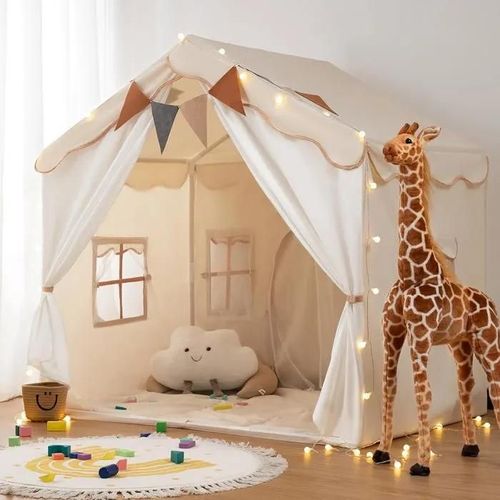 Tente Enfant 2 En1, Cabane Enfant Intérieure Avec Tapis Rembourré, Lumières Et Drapeaux Gris