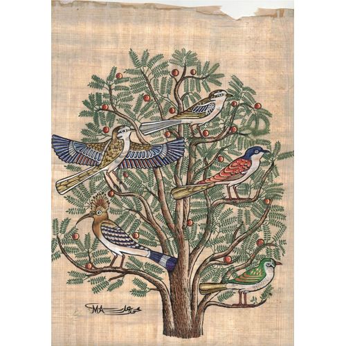 Les Oiseaux Du Paradis Sur L'Arbre De Jessé Aquarelle Originale Sur Feuille De Bananier Artiste Égyptien Signée Dimensions 26 X 32 Cm