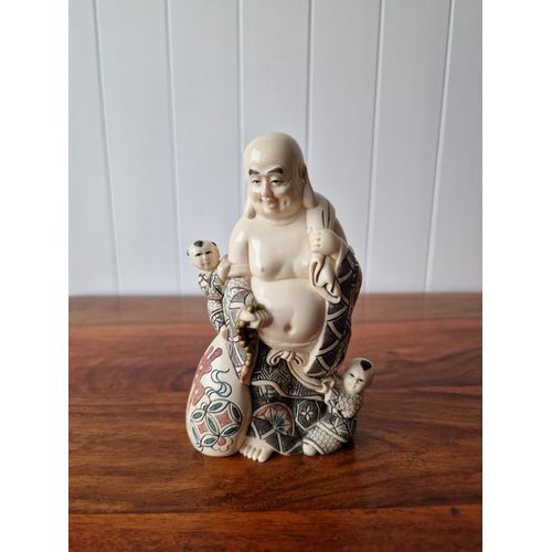 BOUDDHA SOURIANT ET ENFANTS EN RESINE