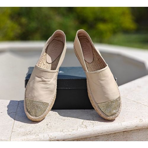 Espadrilles Femme, De Marque Walk And Love, En Cuir Beige Avec Semelle Épaisse En Corde Et Bout Glitter\Pailleté, Taille 40