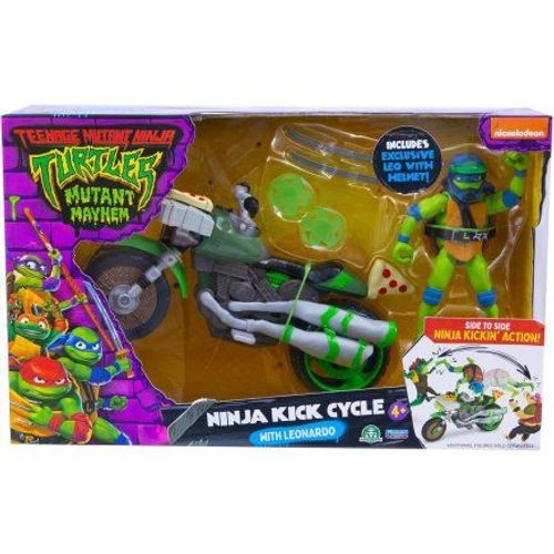 Coffret Tortues Ninja Moto De Luxe + Figurine Leonardo 12 Cm + 4 Accessoires - Set Véhicule Miniature Tmnt Turtles + Carte Tigre