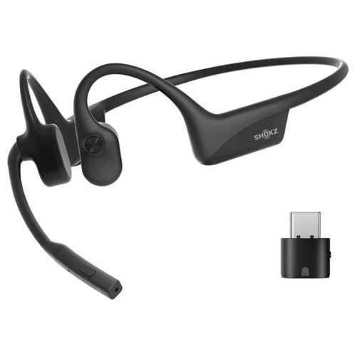 SHOKZ OpenComm2 UC - Industrial Version - micro-casque - oreille dégagée - montage derrière le cou - Bluetooth - sans fil - USB-A via adaptateur Bluetooth - noir - certifié Zoom