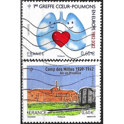 France 2012, Beaux Timbres Yvert 4674 1ère Greffe Coeur - Poumons, Et 4685, Commémoration Du Camp Des Mille, Camp D'Internement Français Avant Déportation Par Les Allemands, Oblitérés, Tbe.