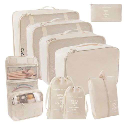 9pcs Ensemble de sac de rangement de voyage de couleur unie Sac d'emballage de vêtements de valise portable pour crochet de vacances,beige