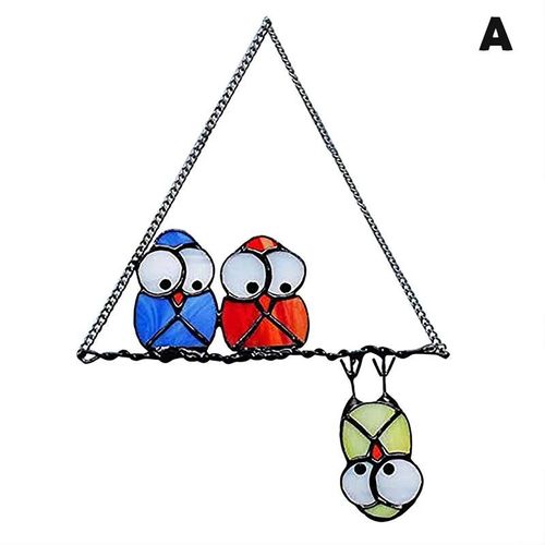 Oiseaux sur un fil Suncatcher Panneau suspendu Art Oiseaux mignons avec de grands yeux Verre Oiseau Série Pendentif Pour Mur Fenêtre Porte Type A