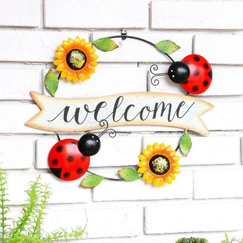 Fer Suspendu Coccinelle Signe de Bienvenue Décoration Abeille Soleil Fleur Art Maison Décoration Murale Insecte Accrocher Sur Arbre Extérieur Printemps Décor Scarabée