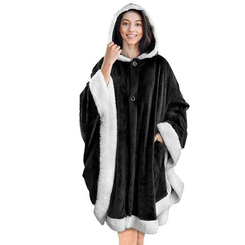 Angel Wrap Couverture À Capuche Sherpa Doublure Poncho Couverture Wrap Avec Polaire Chaude Sherpa En Peluche Doux Porter Cape Noir