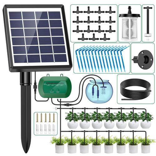 Kit Arrosage Automatique Solaire pour Jardin, Systeme Arrosage Automatique Goutte a Goutte avec 15M Tuyau Arrosage, Programmateur Arrosage Automatique pour Vacances Balcon Pot de Fleur Plantes