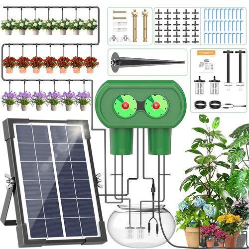 Programmateur Arrosage Solaire,Ordinateur Système D'irrigation Divisé à Double Port Batterie 2600mAh avce 30 Goutteurs et 30M Tuyau Arrosage Plage D'arrosage Plus Grande pour Jardin Plantes