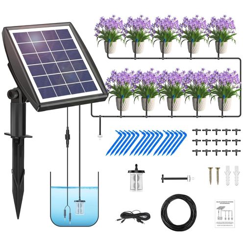 Arrosage Goutte à Goutte Énergie Solaire,Kit D'irrigation Goutte à Goutte Automatique énergie Solaire,Système D'arrosage Automatique,Programmateur Arrosage avec 15M Tuyau pour Jardin Balcon Plantes