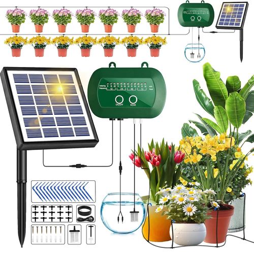 Kit Arrosage Automatique Goutte à Goutte Solaire, Système d'irrigation Automatique Solaire Avec 12 Modes et Tuyau de 15M Programmateur Arrosage pour Intérieur Exterieur Jardin Balcon Potager