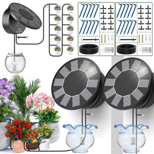 Arrosage Automatique Goutte à Goutte Solaire, Paquet de 2 Couvercle Rond Kit Arrosage Automatique pour Intérieur et Exterieur Jardin Plante, Programmateur Arrosage avec 10M Tuyau Arrosage