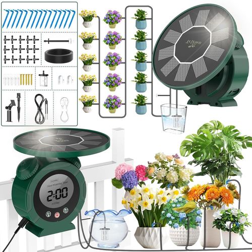 Système Irrigation Solaire avec Plusieurs Programmes D'arrosage,2025 Dernier Système D'irrigation Goutte à Goutte avec Réveil Solaire avec 15 Goutteurs pour Plantes en Pot/Jardin/Serre/Pelouse