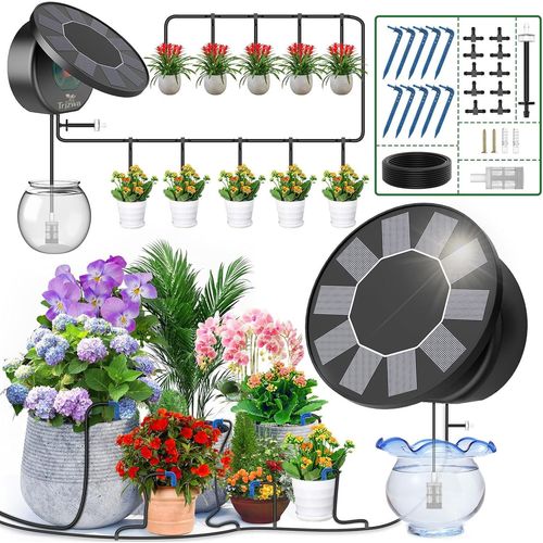Arrosage Goutte à Goutte Énergie Solaire, 2025 Nouveau Couvercle Rond Kit Arrosage Automatique pour Intérieur et Exterieur Balcon Jardin Plante, Programmateur Arrosage avec 10M Tuyau Arrosage