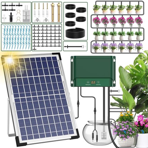 Kit Arrosage Automatique Solaire pour Jardin, Programmateur Arrosage Automatique avec Panneau Solaire pour Pelouse Pot de Fleur Plantes Exterieur Vacances Systeme Arrosage Goutte a Goutte