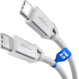 Câble USB-C pour Chargement Rapide, Connecteurs Métalliques + Tressage en Nylon, USB 2.0 ¿ 2x 2m (Charge les Téléphones/Ordinateurs Portables avec 60W, Câble de Charge/Données, Blanc)