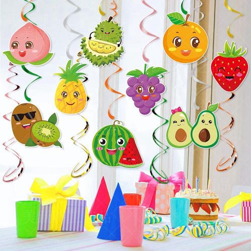 Banderole spirale de fruits de dessin animé, fruits tourbillonnants, ananas hawaïen, raisin, eau neutre, rentabilité tropicale, ha guirlandes de fruits, été, plage, anniversaire, décembre