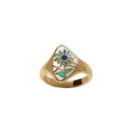 Bague Acier Doré Stella Mia Résine Blanche Et Fleur Bleu