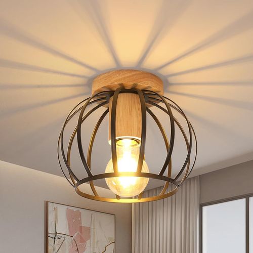 Ytseazn-Plafonnier Industrielle Enmétal Cage,Vintage Lustre Plafonnier En Bois,E27 Rétro Lampe De Plafond Pour Salon,Cuisine,Chambre,Couloir,Entrée(Noir)