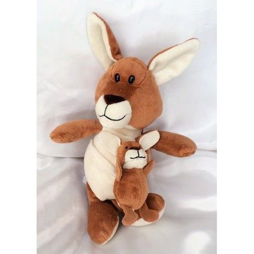 Doudou Peluche Kangourou Marron Ecru Avec Bébé Kinder