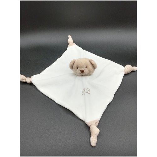 Doudou plat ours ABSORBA Octave blanc crème 4 n?uds - n?ud rose sur la tête