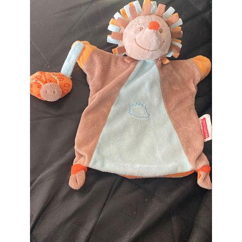 DOUDOU MARIONNETTE HÉRISSON NATTOU LITTLE GARDEN MARRON ORANGE BLEU 25CM