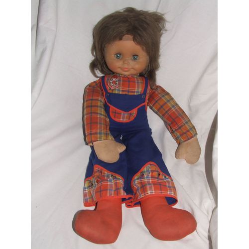 POUPEE ANCIEN VINTAGE TISSU CHIFFON RESSEMBLE A CHUCKY ORANGE BLEU 67 cm