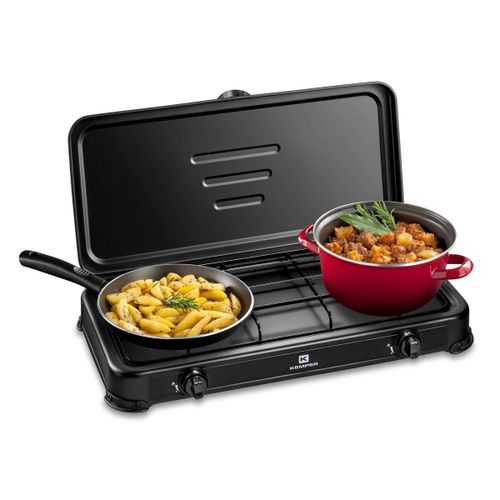 Rechaud gaz portable 2 feux 2600W Noir Couvercle Plaque de cuisson KEMPER