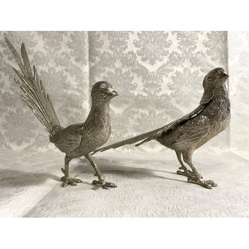 Paire de Sujets Figurines Sculptures Bronze Argenté Couple de Faisans Art Déco