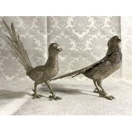 Paire de Sujets Figurines Sculptures Bronze Argenté Couple de Faisans Art Déco