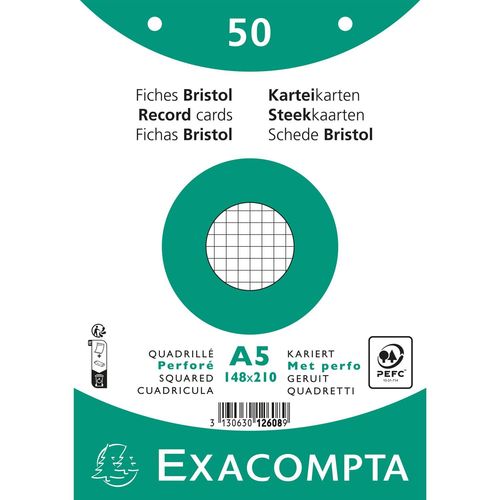 Exacompta Paquet 50 Fiches Sous Film - Bristol Quadrillé 5x5 Perforé 148x210mm - Blanc