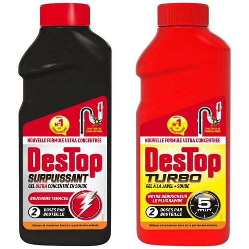 DESTOP Gel Déboucheur Surpuissant 500ml + Turbo 5 min Javel 500ml