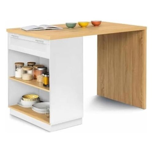 Ilot Central 130 Cm ¿ Mange Debout 4 Personnes ¿ Blanc Avec Plateau Bois ¿ Style Moderne Et Fonctionnel