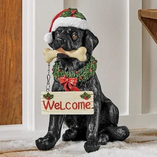 Statue de chien de bienvenue de vacances avec chapeau de Père Noël Résine Ornement de porte d'entrée Décoration de restaurant à la maison