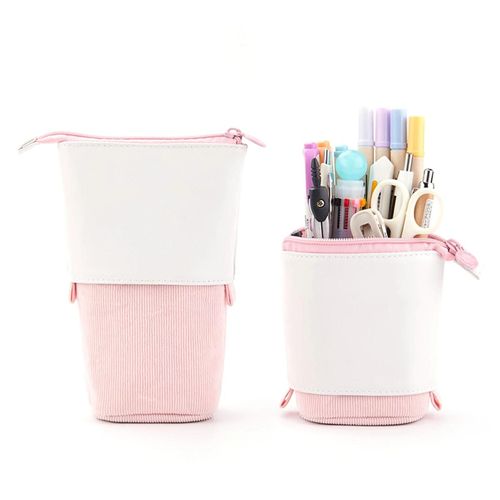 Trousse Polyvalente Porte-Stylo Zippé Rétractable Portable Organisateur De Papeterie De Grande Capacité Pour Étudiant Rose