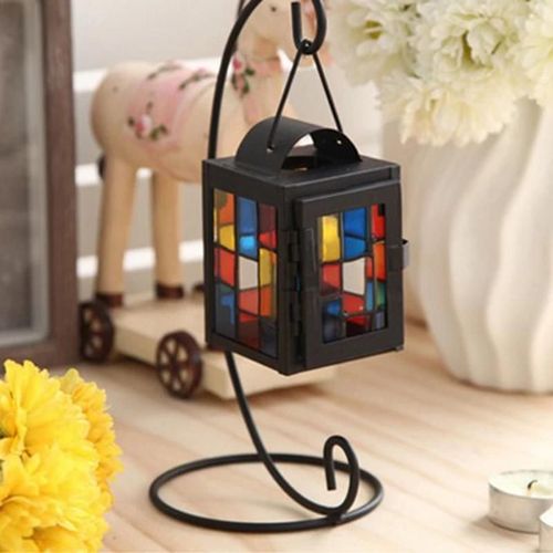 Chandelier En Fer Forgé Rétro Vintage Suspendu Lanterne Avec Support De Crochet Et Fenêtre En Verre Coloré Pour Table Bar Maison Nouveau