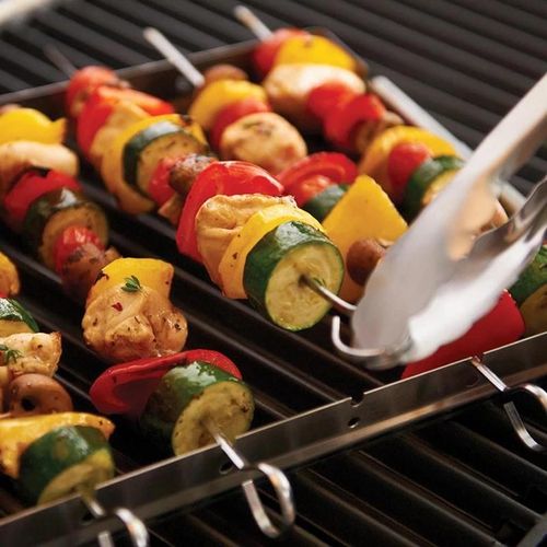 Grille à brochettes pliable avec 6 brochettes en acier inoxydable Ensemble de grille de cuisson de brasero portable pour barbecue Nouveau