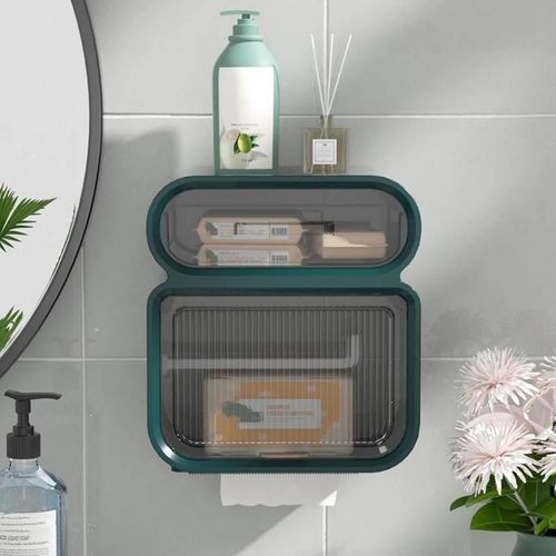 Porte-Papier Mural En Rouleau De Mouchoirs Étagère D'organisateur Flottante À 2 Couches Adhésive Anti-Éclaboussures Pour Mur De Salle De Bain À Double Étage,Vert