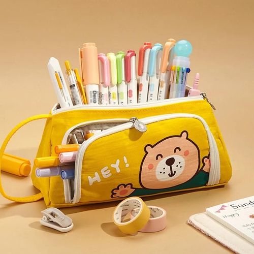 Étui À Crayons De Grande Capacité Mignon Dessin Animé Animaux Pochette De Rangement Sac De Papeterie Pour Garçons Filles Appelant Ours