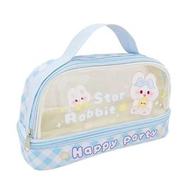 Étui À Stylo De Dessin Animé Transparent Double Couche Avec Poignée Sac De Rangement De Pochette À Stylo Durable Pour Enfants Adultes Lapin Bleu