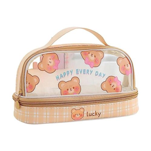 Étui À Stylo De Dessin Animé Transparent Double Couche Avec Poignée Sac De Rangement De Pochette À Stylo Durable Pour Enfants Adultes Ours Jaune