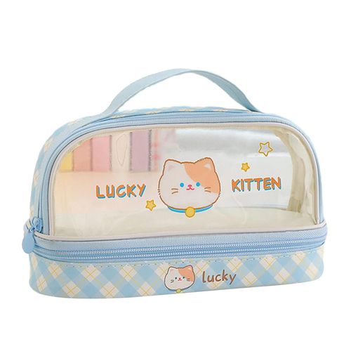 Étui À Stylo De Dessin Animé Transparent Double Couche Avec Poignée Sac De Rangement De Pochette À Stylo Durable Pour Enfants Adultes Chat Bleu