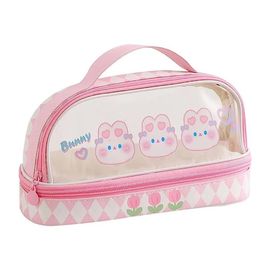 Étui À Stylo De Dessin Animé Transparent Double Couche Avec Poignée Sac De Rangement De Pochette À Stylo Durable Pour Enfants Adultes Lapin Rose