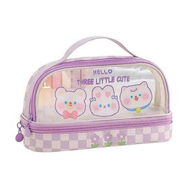 Étui À Stylo De Dessin Animé Transparent Double Couche Avec Poignée Sac De Rangement De Pochette À Stylo Durable Pour Enfants Adultes Lapin Violet