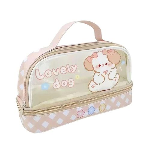 Étui À Stylo De Dessin Animé Transparent Double Couche Avec Poignée Sac De Rangement De Pochette À Stylo Durable Pour Enfants Adultes Chien Beige