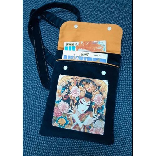 Sac à main noir au motif japonais