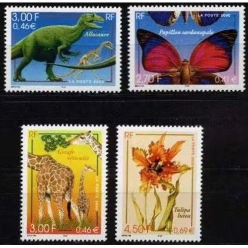 France 2000, Très Belle Série 4 Timbres Neufs** Luxe, Nature : 3332 Papillon, 3333 Girafe, 3334 Allosaure, 3335 Tulipa Lutéa.