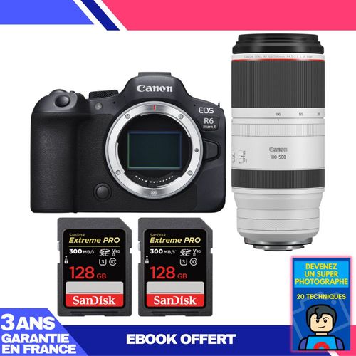Boitier Canon EOS R6 Mark II + RF 100-500mm f/4.5-7.1 L IS USM + 2 SanDisk 128GB Extreme PRO UHS-II SDXC 300 MB/s + Ebook 'Devenez Un Super Photographe'