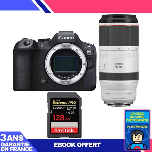 Boitier Canon EOS R6 Mark II + RF 100-500mm f/4.5-7.1 L IS USM + 1 SanDisk 128GB Extreme PRO UHS-II SDXC 300 MB/s + Ebook 'Devenez Un Super Photographe'